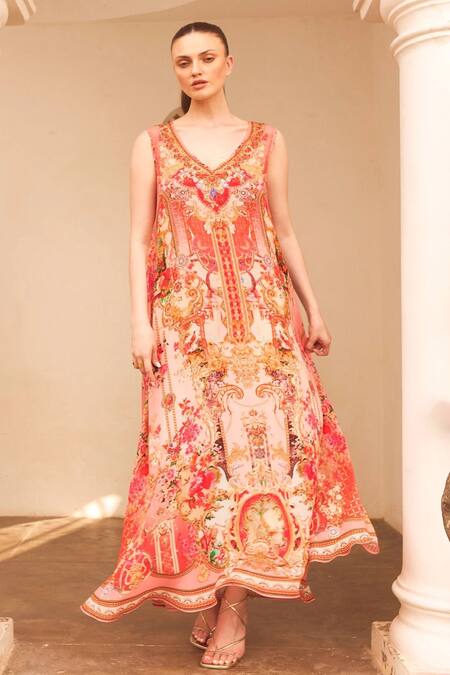 Zariaah_Pink Viscose, Silk Crystals V-neck Lotus Bloom Print A-line Dress _Online_at_Aza_Fashions