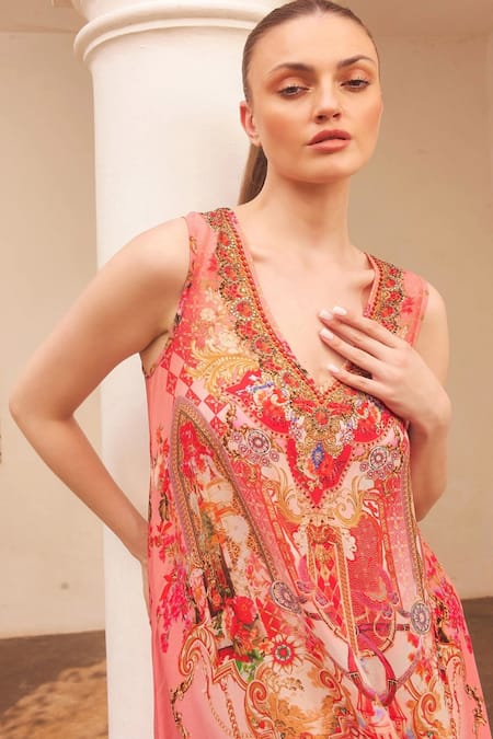 Buy_Zariaah_Pink Viscose, Silk Crystals V-neck Lotus Bloom Print A-line Dress _Online_at_Aza_Fashions