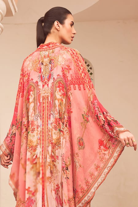 Shop Zariaah Pink Lotus Bloom Print Asymmetric Cape at Aza Fashions Shop_Zariaah_Pink Lotus Bloom Print Asymmetric Cape _at_Aza_Fashions