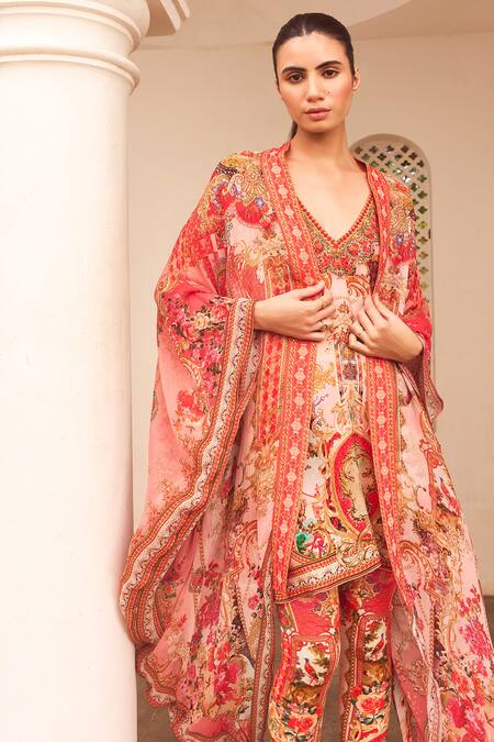 Zariaah Pink Lotus Bloom Print Asymmetric Cape Online at Aza Fashions Zariaah_Pink Lotus Bloom Print Asymmetric Cape _Online_at_Aza_Fashions