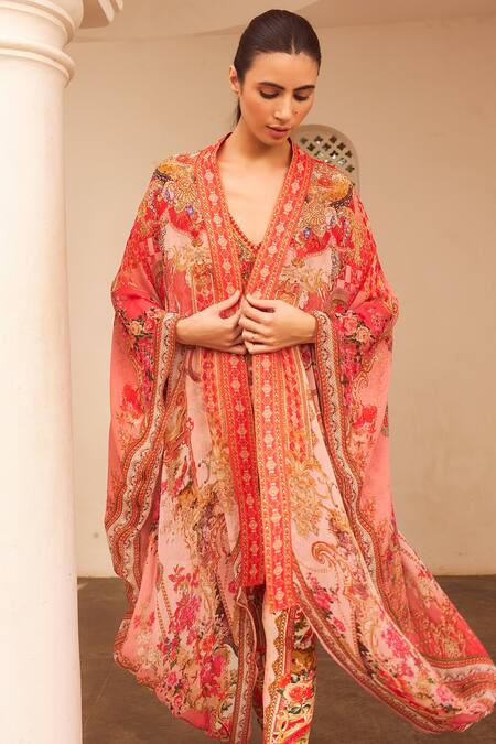 Buy Zariaah Pink Lotus Bloom Print Asymmetric Cape Online at Aza Fashions Buy_Zariaah_Pink Lotus Bloom Print Asymmetric Cape _Online_at_Aza_Fashions