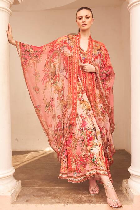 Shop Zariaah Pink Lotus Bloom Print Asymmetric Cape Online at Aza Fashions Shop_Zariaah_Pink Lotus Bloom Print Asymmetric Cape _Online_at_Aza_Fashions