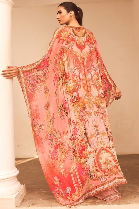 Zariaah_Pink Chiffon Crystals Plunge Neck Lotus Bloom Print Tab Kaftan _Online_at_Aza_Fashions