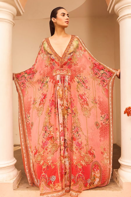 Buy_Zariaah_Pink Chiffon Crystals Plunge Neck Lotus Bloom Print Tab Kaftan _Online_at_Aza_Fashions
