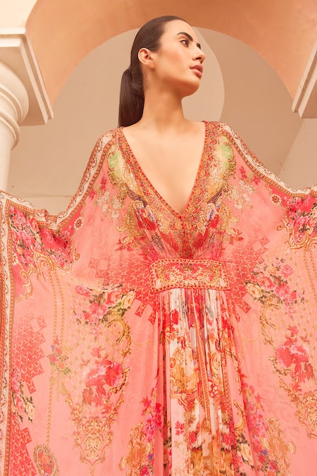 Shop_Zariaah_Pink Chiffon Crystals Plunge Neck Lotus Bloom Print Tab Kaftan _Online_at_Aza_Fashions