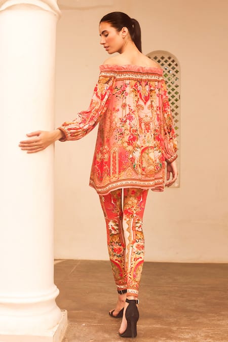 Shop_Zariaah_Pink Viscose Crystals Off-shoulder Lotus Bloom Print Off Top _at_Aza_Fashions