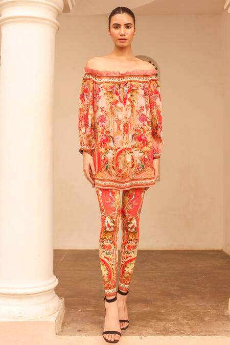 Zariaah_Pink Viscose Crystals Off-shoulder Lotus Bloom Print Off Top _Online_at_Aza_Fashions