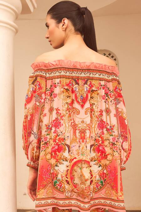 Buy_Zariaah_Pink Viscose Crystals Off-shoulder Lotus Bloom Print Off Top _Online_at_Aza_Fashions