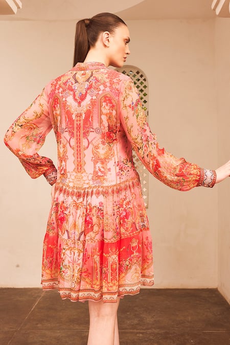 Shop_Zariaah_Pink Chiffon Crystals, Embroidery Collared Lotus Bloom Print Shirt Dress _at_Aza_Fashions