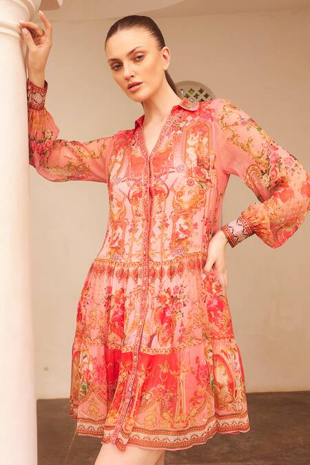 Zariaah_Pink Chiffon Crystals, Embroidery Collared Lotus Bloom Print Shirt Dress _Online_at_Aza_Fashions