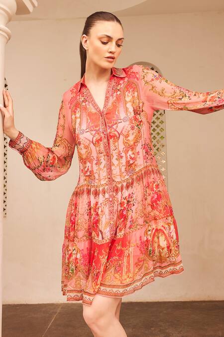 Buy_Zariaah_Pink Chiffon Crystals, Embroidery Collared Lotus Bloom Print Shirt Dress _Online_at_Aza_Fashions