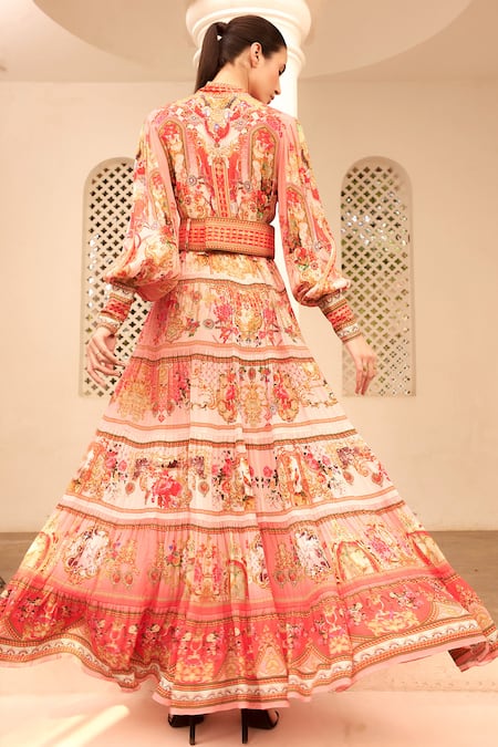 Shop Zariaah Pink Viscose, Silk Crystals, Embroidery Lotus Bloom Print Tiered Maxi Dress at Aza Fashions Shop_Zariaah_Pink Viscose, Silk Crystals, Embroidery Lotus Bloom Print Tiered Maxi Dress _at_Aza_Fashions