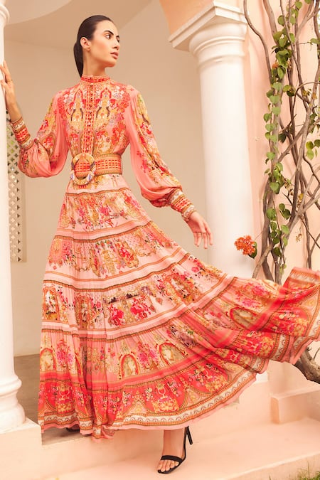 Zariaah Pink Viscose, Silk Crystals, Embroidery Lotus Bloom Print Tiered Maxi Dress Online at Aza Fashions Zariaah_Pink Viscose, Silk Crystals, Embroidery Lotus Bloom Print Tiered Maxi Dress _Online_at_Aza_Fashions