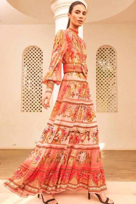 Buy Zariaah Pink Viscose, Silk Crystals, Embroidery Lotus Bloom Print Tiered Maxi Dress Online at Aza Fashions Buy_Zariaah_Pink Viscose, Silk Crystals, Embroidery Lotus Bloom Print Tiered Maxi Dress _Online_at_Aza_Fashions