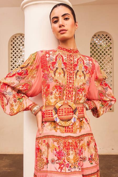 Shop Zariaah Pink Viscose, Silk Crystals, Embroidery Lotus Bloom Print Tiered Maxi Dress Online at Aza Fashions Shop_Zariaah_Pink Viscose, Silk Crystals, Embroidery Lotus Bloom Print Tiered Maxi Dress _Online_at_Aza_Fashions