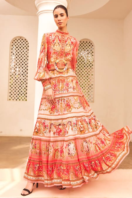 Zariaah Pink Viscose, Silk Crystals, Embroidery Lotus Bloom Print Tiered Maxi Dress at Aza Fashions Zariaah_Pink Viscose, Silk Crystals, Embroidery Lotus Bloom Print Tiered Maxi Dress _at_Aza_Fashions