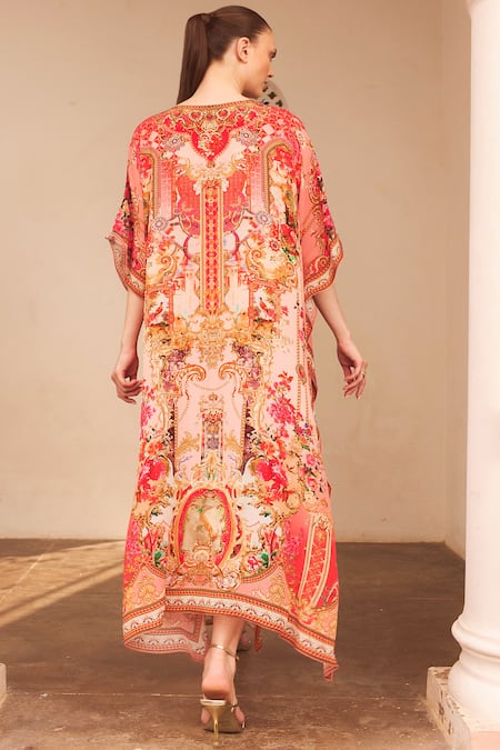 Shop_Zariaah_Pink Viscose, Silk Crystals V-neck Lotus Bloom Print Boxy Kaftan _at_Aza_Fashions