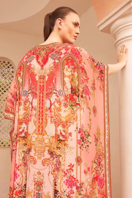 Zariaah_Pink Viscose, Silk Crystals V-neck Lotus Bloom Print Boxy Kaftan _Online_at_Aza_Fashions