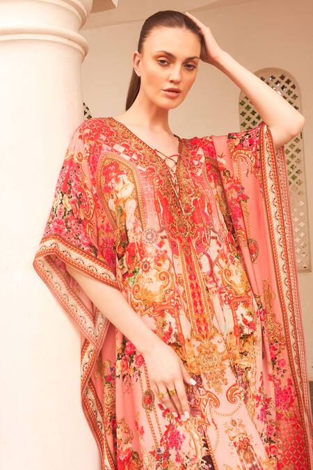 Buy_Zariaah_Pink Viscose, Silk Crystals V-neck Lotus Bloom Print Boxy Kaftan _Online_at_Aza_Fashions
