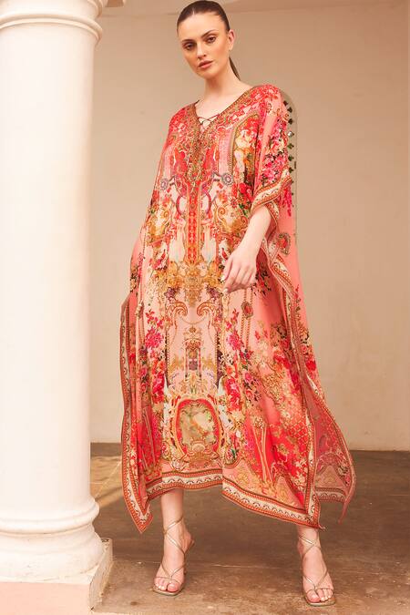 Shop_Zariaah_Pink Viscose, Silk Crystals V-neck Lotus Bloom Print Boxy Kaftan _Online_at_Aza_Fashions