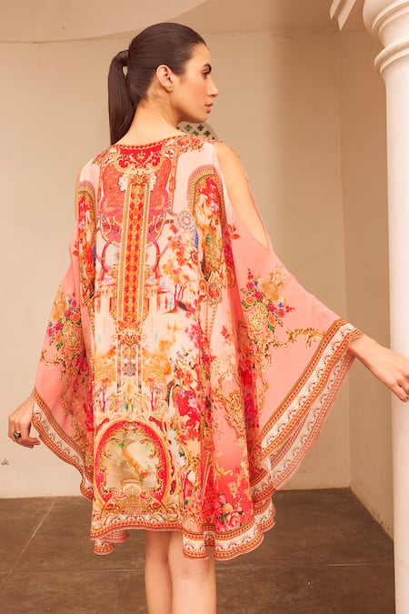 Shop_Zariaah_Pink Viscose, Silk Crystals, Embroidery V-neck Lotus Bloom Print Kaftan Dress _at_Aza_Fashions