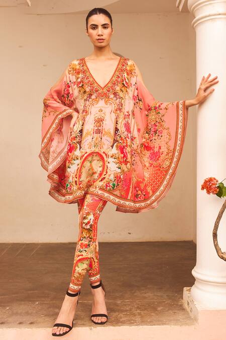 Zariaah_Pink Viscose, Silk Crystals, Embroidery V-neck Lotus Bloom Print Kaftan Dress _Online_at_Aza_Fashions