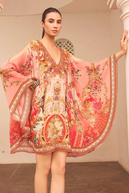 Buy_Zariaah_Pink Viscose, Silk Crystals, Embroidery V-neck Lotus Bloom Print Kaftan Dress _Online_at_Aza_Fashions