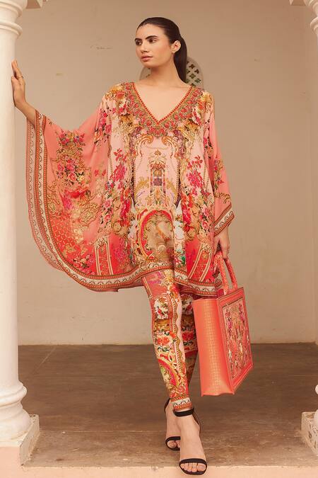 Shop_Zariaah_Pink Viscose, Silk Crystals, Embroidery V-neck Lotus Bloom Print Kaftan Dress _Online_at_Aza_Fashions