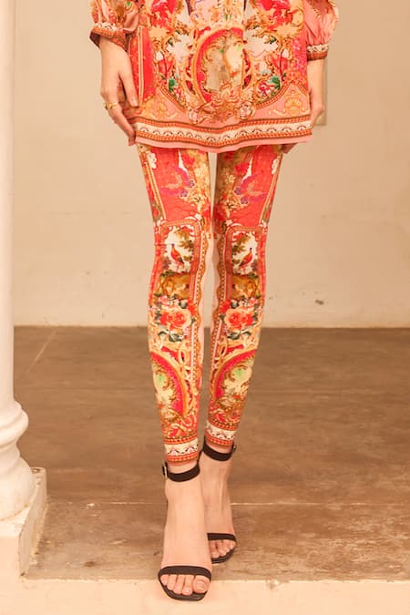 Buy Zariaah Pink Spandex, Viscose, Silk Crystals Lotus Bloom Print Off Top And Leggings Set Online at Aza Fashions Buy_Zariaah_Pink Spandex, Viscose, Silk Crystals Lotus Bloom Print Off Top And Leggings Set _Online_at_Aza_Fashions