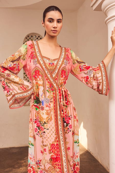 Shop_Zariaah_Pink Viscose, Silk Crystals Lotus Bloom Print Shorts Set With Wrap Dress _Online_at_Aza_Fashions