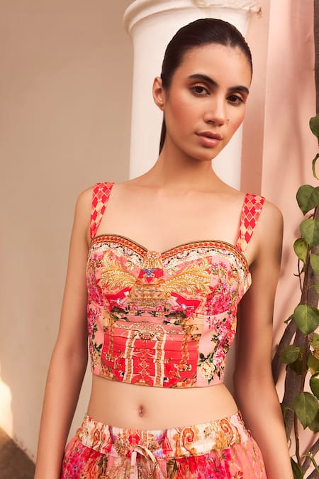 Zariaah_Pink Viscose, Silk Crystals Lotus Bloom Print Bustier Top And Shorts Set _Online_at_Aza_Fashions