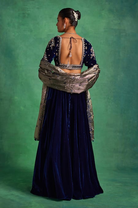 Shop Label Sanya Gulati Blue Tissue, Silk, Velvet Pearls, Sequins, Embroidery Floral Blouse Lehenga Set at Aza Fashions Shop_Label Sanya Gulati_Blue Tissue, Silk, Velvet Pearls, Sequins, Embroidery Floral Blouse Lehenga Set _at_Aza_Fashions