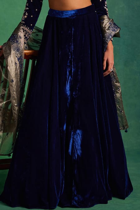 Label Sanya Gulati Blue Tissue, Silk, Velvet Pearls, Sequins, Embroidery Floral Blouse Lehenga Set Online at Aza Fashions Label Sanya Gulati_Blue Tissue, Silk, Velvet Pearls, Sequins, Embroidery Floral Blouse Lehenga Set _Online_at_Aza_Fashions