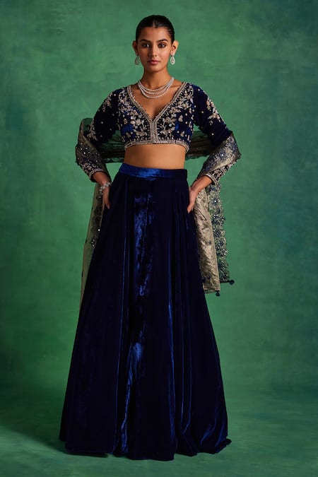 Buy Label Sanya Gulati Blue Tissue, Silk, Velvet Pearls, Sequins, Embroidery Floral Blouse Lehenga Set Online at Aza Fashions Buy_Label Sanya Gulati_Blue Tissue, Silk, Velvet Pearls, Sequins, Embroidery Floral Blouse Lehenga Set _Online_at_Aza_Fashions
