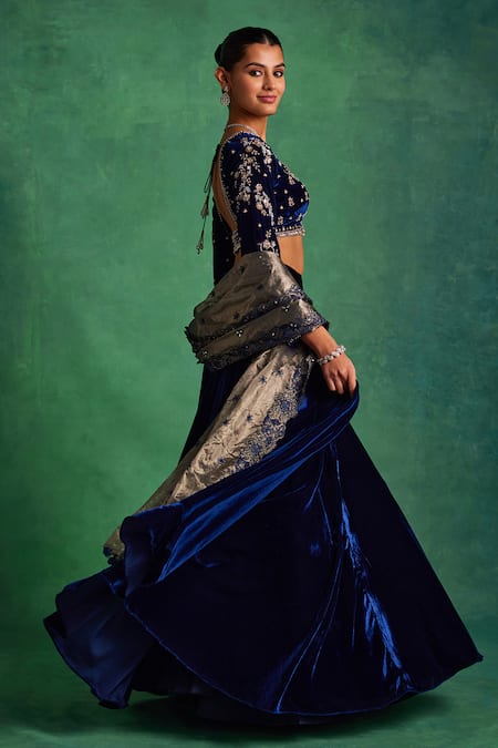 Shop Label Sanya Gulati Blue Tissue, Silk, Velvet Pearls, Sequins, Embroidery Floral Blouse Lehenga Set Online at Aza Fashions Shop_Label Sanya Gulati_Blue Tissue, Silk, Velvet Pearls, Sequins, Embroidery Floral Blouse Lehenga Set _Online_at_Aza_Fashions