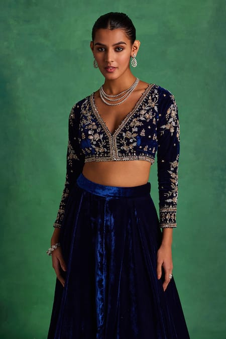Label Sanya Gulati Blue Tissue, Silk, Velvet Pearls, Sequins, Embroidery Floral Blouse Lehenga Set at Aza Fashions Label Sanya Gulati_Blue Tissue, Silk, Velvet Pearls, Sequins, Embroidery Floral Blouse Lehenga Set _at_Aza_Fashions