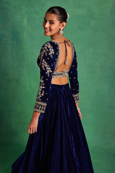 Buy Label Sanya Gulati Blue Tissue, Silk, Velvet Pearls, Sequins, Embroidery Floral Blouse Lehenga Set Buy_Label Sanya Gulati_Blue Tissue, Silk, Velvet Pearls, Sequins, Embroidery Floral Blouse Lehenga Set