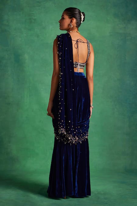 Shop Label Sanya Gulati Blue Silk, Velvet Sequins, Pearls Embellished Pre-draped Saree With Blouse at Aza Fashions Shop_Label Sanya Gulati_Blue Silk, Velvet Sequins, Pearls Embellished Pre-draped Saree With Blouse _at_Aza_Fashions