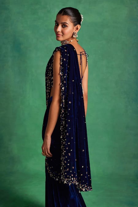 Label Sanya Gulati Blue Silk, Velvet Sequins, Pearls Embellished Pre-draped Saree With Blouse Online at Aza Fashions Label Sanya Gulati_Blue Silk, Velvet Sequins, Pearls Embellished Pre-draped Saree With Blouse _Online_at_Aza_Fashions