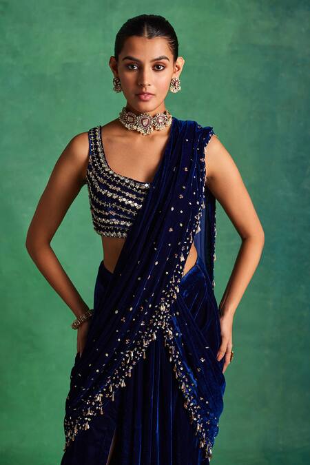 Buy Label Sanya Gulati Blue Silk, Velvet Sequins, Pearls Embellished Pre-draped Saree With Blouse Online at Aza Fashions Buy_Label Sanya Gulati_Blue Silk, Velvet Sequins, Pearls Embellished Pre-draped Saree With Blouse _Online_at_Aza_Fashions