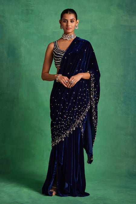 Shop Label Sanya Gulati Blue Silk, Velvet Sequins, Pearls Embellished Pre-draped Saree With Blouse Online at Aza Fashions Shop_Label Sanya Gulati_Blue Silk, Velvet Sequins, Pearls Embellished Pre-draped Saree With Blouse _Online_at_Aza_Fashions