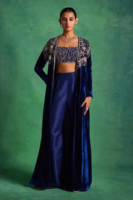 Label Sanya Gulati Blue Silk Velvet Embroidered Sequin Jacket Floral Jaal Embellished Pant Set