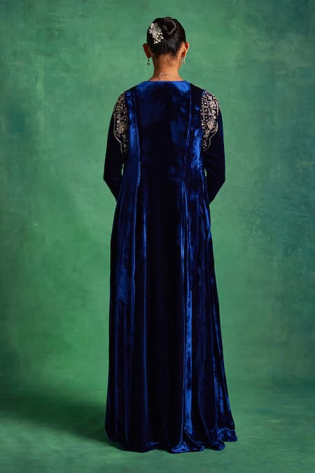 Shop Label Sanya Gulati Blue , Satin Sequins, Pearls, Floral Jaal Embellished Jacket Pant Set at Aza Fashions Shop_Label Sanya Gulati_Blue , Satin Sequins, Pearls, Floral Jaal Embellished Jacket Pant Set _at_Aza_Fashions