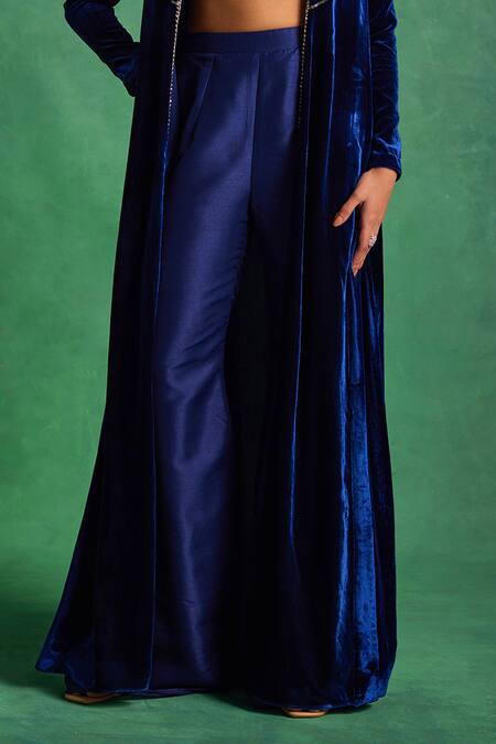 Label Sanya Gulati Blue , Satin Sequins, Pearls, Floral Jaal Embellished Jacket Pant Set Online at Aza Fashions Label Sanya Gulati_Blue , Satin Sequins, Pearls, Floral Jaal Embellished Jacket Pant Set _Online_at_Aza_Fashions