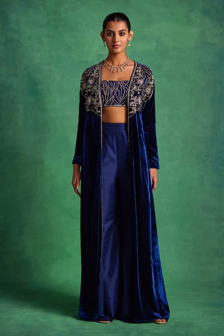 Buy Label Sanya Gulati Blue , Satin Sequins, Pearls, Floral Jaal Embellished Jacket Pant Set Online at Aza Fashions Buy_Label Sanya Gulati_Blue , Satin Sequins, Pearls, Floral Jaal Embellished Jacket Pant Set _Online_at_Aza_Fashions