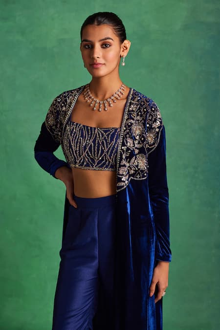 Shop Label Sanya Gulati Blue , Satin Sequins, Pearls, Floral Jaal Embellished Jacket Pant Set Online at Aza Fashions Shop_Label Sanya Gulati_Blue , Satin Sequins, Pearls, Floral Jaal Embellished Jacket Pant Set _Online_at_Aza_Fashions