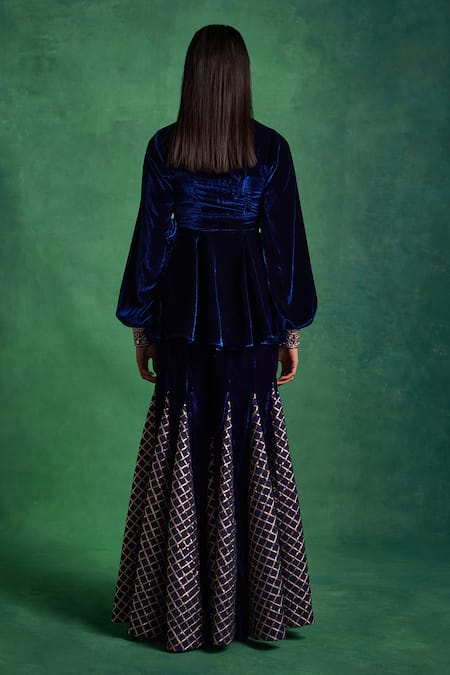 Shop Label Sanya Gulati Blue , Satin Floral Placement Peplum Kurta With Embellished Godet Pant at Aza Fashions Shop_Label Sanya Gulati_Blue , Satin Floral Placement Peplum Kurta With Embellished Godet Pant _at_Aza_Fashions