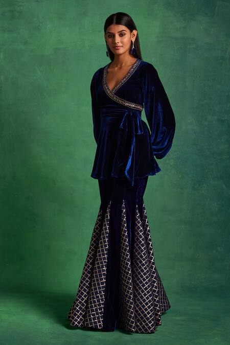 Buy Label Sanya Gulati Blue , Satin Floral Placement Peplum Kurta With Embellished Godet Pant Online at Aza Fashions Buy_Label Sanya Gulati_Blue , Satin Floral Placement Peplum Kurta With Embellished Godet Pant _Online_at_Aza_Fashions