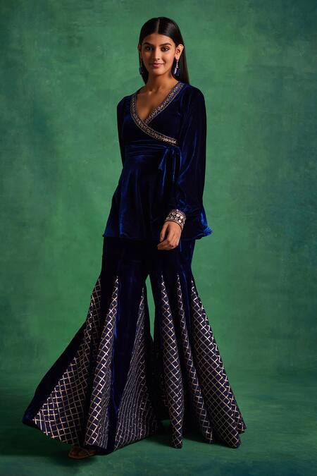 Shop Label Sanya Gulati Blue , Satin Floral Placement Peplum Kurta With Embellished Godet Pant Online at Aza Fashions Shop_Label Sanya Gulati_Blue , Satin Floral Placement Peplum Kurta With Embellished Godet Pant _Online_at_Aza_Fashions