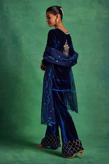 Shop Label Sanya Gulati Blue Silk, Velvet Lace, Pearls, Crystals, Floral Embroidered Kurta Pant Set at Aza Fashions Shop_Label Sanya Gulati_Blue Silk, Velvet Lace, Pearls, Crystals, Floral Embroidered Kurta Pant Set _at_Aza_Fashions